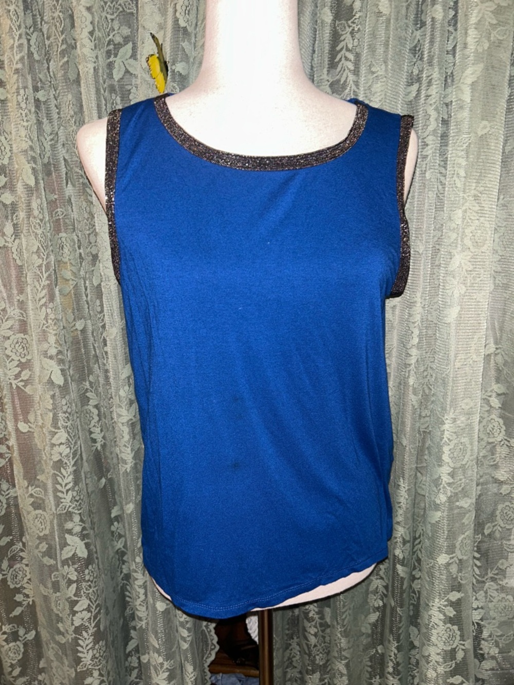 Anne Klein Blue Sleeveless Tank Top with Metallic Beaded Trim